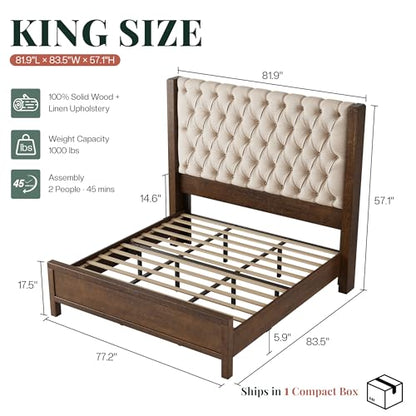King Size Solid Wood Bed Frame,57" Wingback Headboard,Walnut