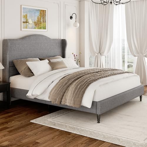 Queen Size Upholstered Platform Bed Frame, Light Grey