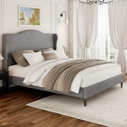 Queen Size Upholstered Platform Bed Frame, Light Grey