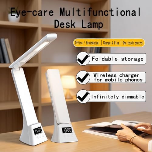 AYI Multifunctional LED Desk Lamp, 10W Wireless Charging Station with Digital Clock & Alarm, Foldable Phone Holder Stand for Bedroom Home Office, TYV-2088 White.