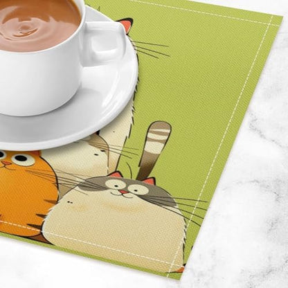 Cute Cats Family Cartoon Linen Placemats Set of 4PCS, Heat Resistant Non-Slip Washable Table Placemats for Dining Everyday Use Hotel Banquet Home Decor