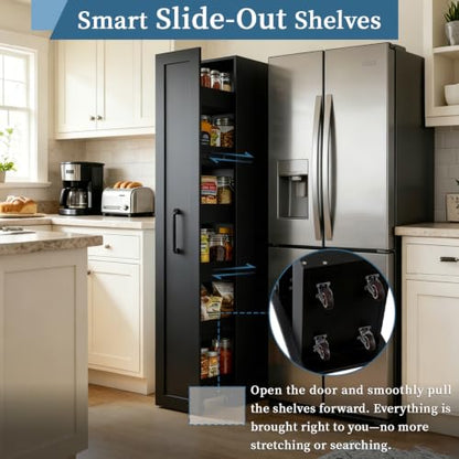 Narrow Pull-out Storage Cabinet on Wheels, 12 inch Black Pantry Cabinet | 71'' Tall, Slim Shelf, Rolling Cart 6-Tier, Next to Fridge, Skinny Spice Rack for Kitchen, Laundry Room