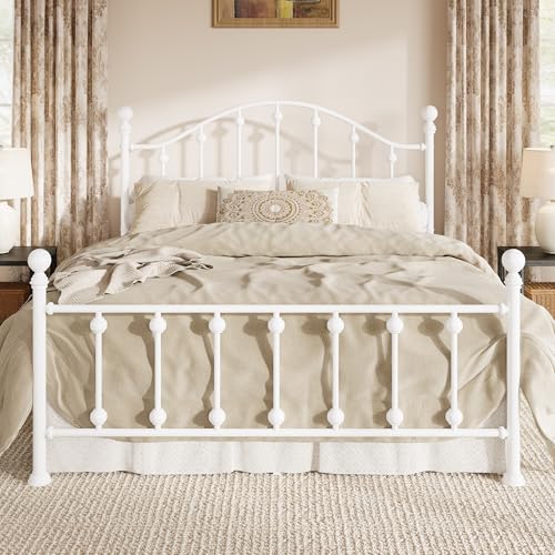 Queen Metal Bed Frame, Victorian Style Platform Bed with Curved Headboard and Classic Footboard, No Box Spring Needed, White