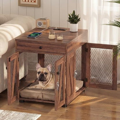 Wooden Dog Crate End Table with USB Charging Station, Walnut