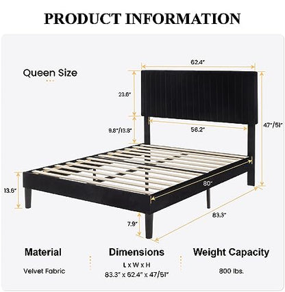 Queen Upholstered Platform Bed Frame with Adjustable Headboard/Vertical Channel Tufted Velvet Fabric/Wooden Slats Support/Mattress Foundation/Box Spring Optional/Black