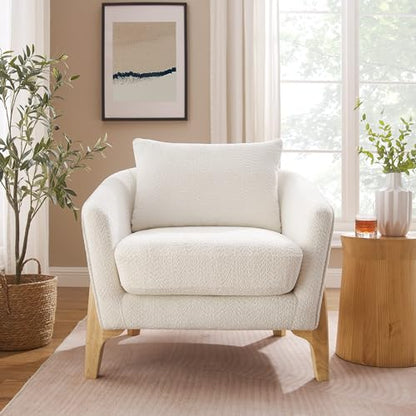 Accent Chairs for Living Room, 32" Oversized Reading Chair, White | Boucle Living Room Chairs, Wood Leg, Bedroom Chairs with Thick Cushion for Apartment