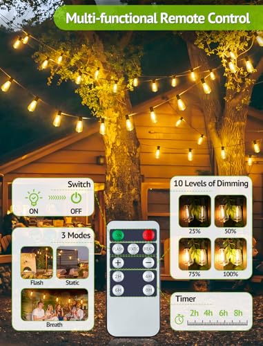 48FT Solar String Lights Outdoor with Remote, Waterproof Dimmable Patio Lights with 15+1 LED ST38 Bulbs 3 Modes Hanging Lighting for Backyard