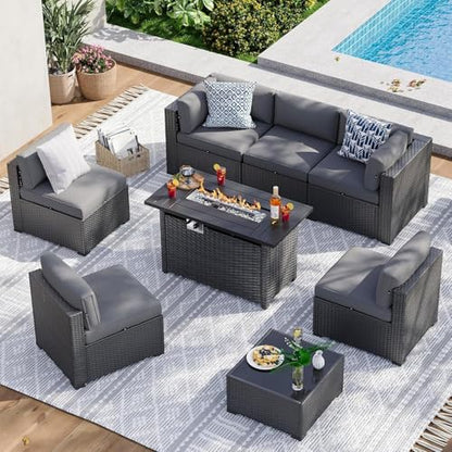 8 Piece Patio Furniture Set with 44” Fire Pit Table, Wicker Rattan Patio Sectional Sofa, Outdoor Furniture Set with Thickened Cushion, Grey