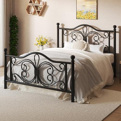 Full Bed Frame with Butterfly Pattern Design Headboard & Headboard, Black