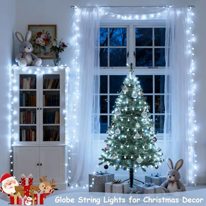 100ft Globe String Lights Indoor Outdoor Waterproof, 200 LED White Christmas Fairy Lights Plug in with Remote, Connectable Hanging Lights for Bedroom Patio Holiday Tree Party Christmas Decor
