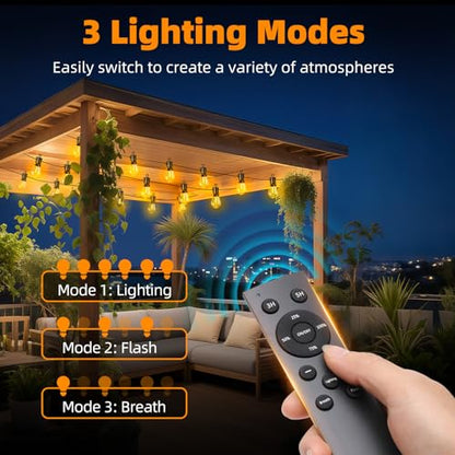Outdoor Patio String Lights: S14 Shatterproof Bulb Outside Waterproof Light - 50FT 15M Remote Dimmable Connectable Hanging Outdoor Electric Lighting - Garden Backyard Yard Gazebo Porch Party