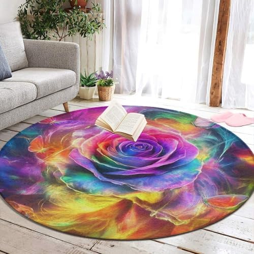 Room Sofa Yoga Soft Round Carpet, Home Decor Non Slip Kitchen Office Circle Rug, Machine Washable Modern Round Area Rug Trippy Tie Dye Rose Colorful Art, 24inch
