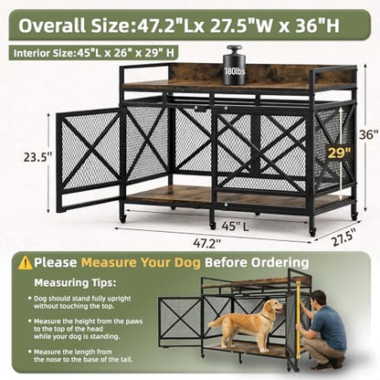 48" Dog Crate Furniture with Wheels, Brown