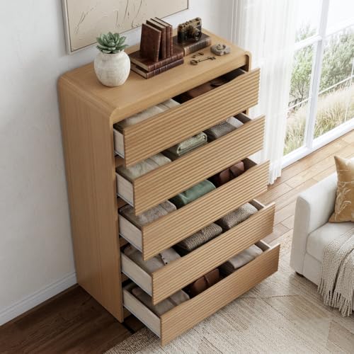 Oak Fluted 5 Drawer Dresser for Bedroom,47" Tall Modern Chest of Drawer | Curved Profile Design, Anti-Tip Kit, Smooth Slides, Wood Mid Century Storage Dresser Organizer for Living Room, Entryway
