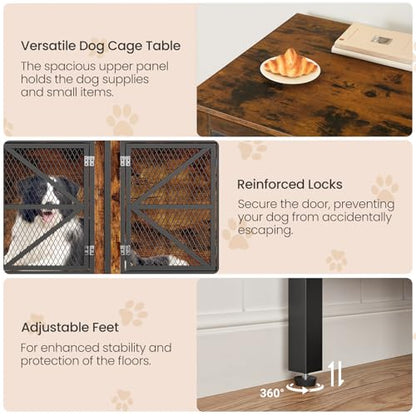 71 Inch Double Dog Crate Furniture for 2 Dogs, Wooden Dog Crate End Table for Medium/Large Dogs, Dog Kennel Furniture with Divider & Double Metal Doors, Rustic Brown and Black TGW02BF