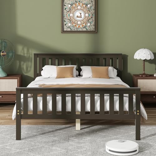 Full Size Wood Platform Bed Frame, Mid Century Full Bed Frame with Headboard, Wood Slat Support, Double Bed Frame, No Box Spring Needed, Easy Assembly, Espresso