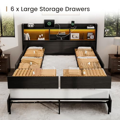 King Storage Bed Frame with 6 Drawers, USB Charging Station, No Noise, No Box Spring Required, Vintage Black Headboard Platform Bed