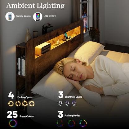 Queen Wood Bed Frame with Storage Headboard and Charging Station