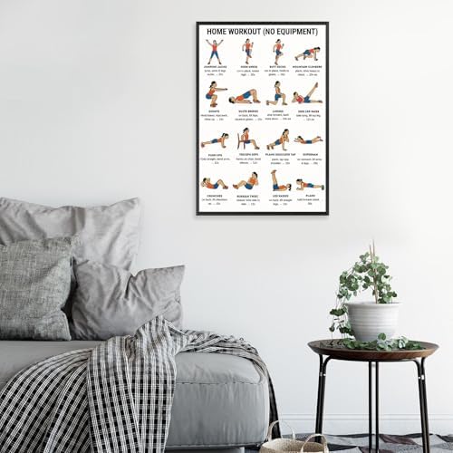 No Equipment Home Workout Poster, 16 Illustrated Full-Body Bodyweight Training Chart with Rep & Timing Guides, Beginner Friendly Full Physique Fitness Reference for Indoor Daily Cardio & Strength Building Routine(8x12inchs，Unframed)