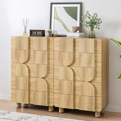 Fluted 5 Drawers Dresser for Bedroom, 46" Tall Dressers & Chest of Drawers w/Curved Profile Design, Wood Mid Century Modern Vertical Storage Dressers Organizer for Living Room, Hallway, Natural Oak