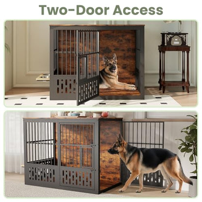48 Inch XXL Dog Crate Furniture, Wooden Chewproof Dog Kennel with Interactive Window, 360° Adjustable Bowls (5 Heights), Storage Table Top, Heavy Duty XL Dog Crate for Medium Large Dogs, Brown