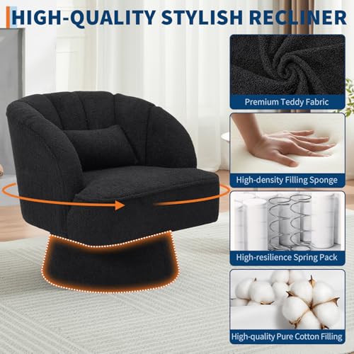 Modern Swivel Barrel Accent Chair, 360° Teddy Fabric Upholstered Armchair with Striped Backrest & Plush Padding, Comfy Round Lounge Chair for Living Room, Bedroom, Reading Nook, Black
