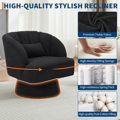 Modern Swivel Barrel Accent Chair, 360° Teddy Fabric Upholstered Armchair with Striped Backrest & Plush Padding, Comfy Round Lounge Chair for Living Room, Bedroom, Reading Nook, Black