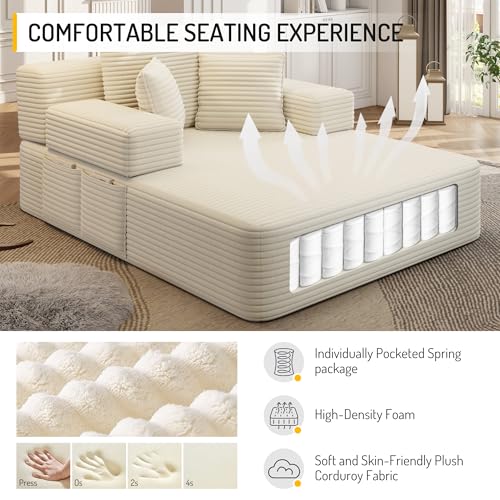 48.5'' Oversized Chaise Lounge Indoor, Corduroy Boneless Couch, Beige | Upholstered Single Sofa Bed with 3 Pillows, Side Pocket, Adjustable Armrest, Plush Floor Chair for Living Room, Balcony
