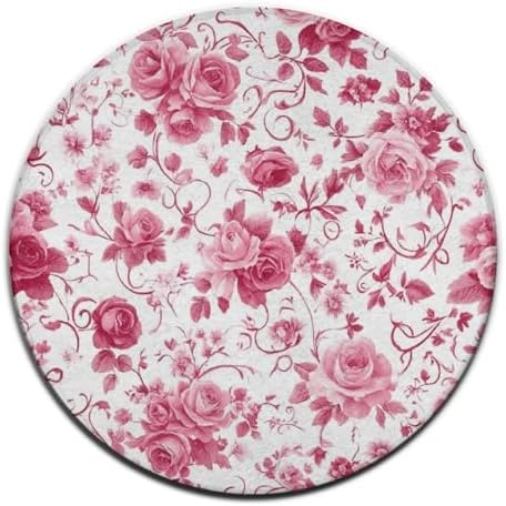 Large Home Decor Mat, Soft Round Yoga Carpet, Non Slip Machine Washable Home Office Circle Rug Pink Flowers Rose Floral