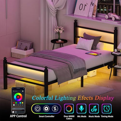 Twin Bed Frames with Headboard and Footboard,White Metal Platform Bed Frame with RGB LED Lights and USB Charging Station,Under Bed Storage,No Box Spring Needed,Suitable for Bedrooms