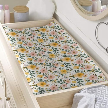 Spring Colorful Flowers Floral Leaves Baby Changing Pad Cover, Unisex Flowers Nursery Diaper Changing Table Pad Mat Sheet for Boys Girls-16x32