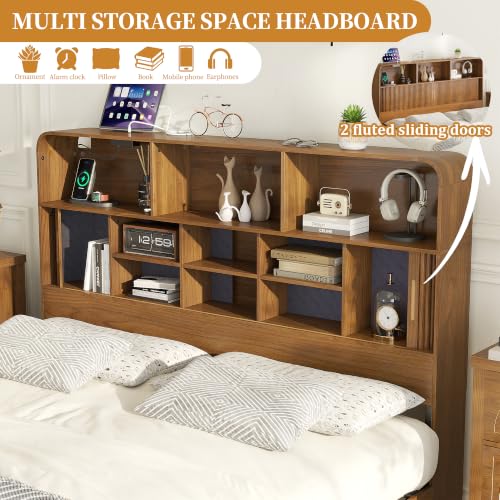Queen Size Bed Frame with Headboard and Charging Station Walnut