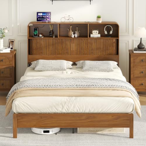 Queen Size Bed Frame with Headboard and Charging Station Walnut