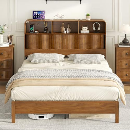 Queen Size Bed Frame with Headboard and Charging Station Walnut