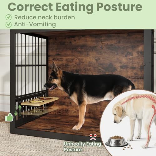 48 Inch XXL Dog Crate Furniture, Wooden Chewproof Dog Kennel with Interactive Window, 360° Adjustable Bowls (5 Heights), Storage Table Top, Heavy Duty XL Dog Crate for Medium Large Dogs, Brown