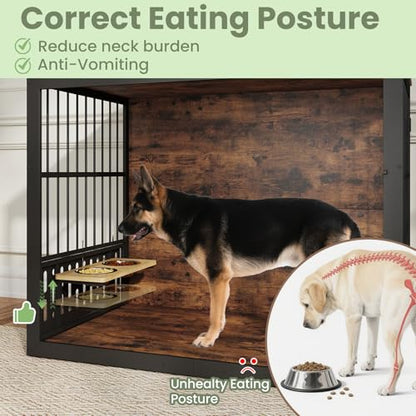 48 Inch XXL Dog Crate Furniture, Wooden Chewproof Dog Kennel with Interactive Window, 360° Adjustable Bowls (5 Heights), Storage Table Top, Heavy Duty XL Dog Crate for Medium Large Dogs, Brown