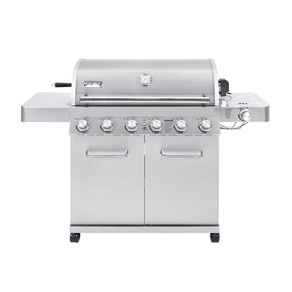 6+1 Burner Stainless Steel Cabinet Style Propane Gas Grill with Knob Controls, Side Burner, Built-In Thermometer, and Rotisserie Kit