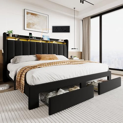 King Size Platform Bed Frame with Wingback Headboard