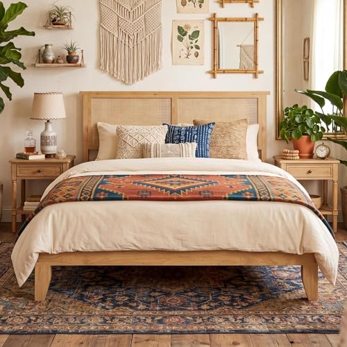 GAOMON Full Size Wood Bed Frame with LED Light and Rattan Headboard
