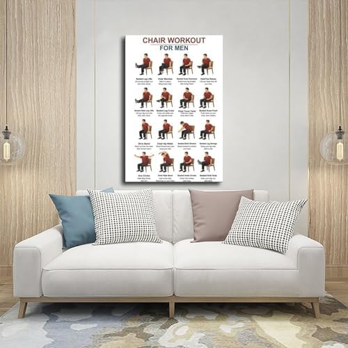 Tai Chi Chair Workouts for Men Chair Exercise Chart Home Workout Plan Canvas Poster Wall Art for Living Room Bedroom Decor Frame 16x24inch