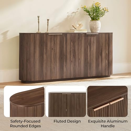CHITA 70" Fluted Sideboard Cabinet, Buffet Cabinet with Storage, Walnut | Accent Cabinet with 4 Doors and Adjustable Shelves, Credenza Media Console for Living Room, Kitchen, 70.1"W x 32"H x 14.6"D