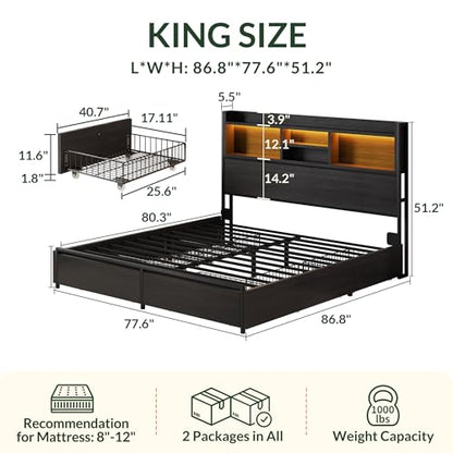 King Size Bed Frame with 6 Storage Drawers and Headboard Wooden Platform Bed Frame with LED Lights and Charging Station Easy Assembly/No Box Spring Needed/Black