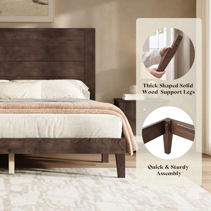 Queen Size Solid Wood Bed Frame with 48" Headboard Design, Walnut