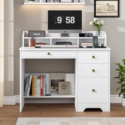 43-Inch White Computer Desk with Hutch and File Drawer