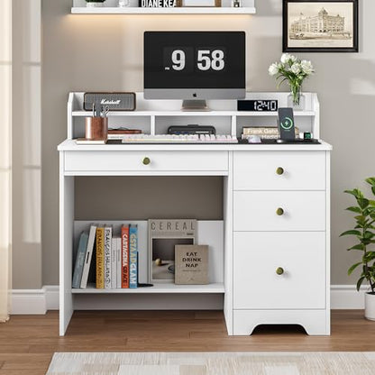 43-Inch White Computer Desk with Hutch and File Drawer