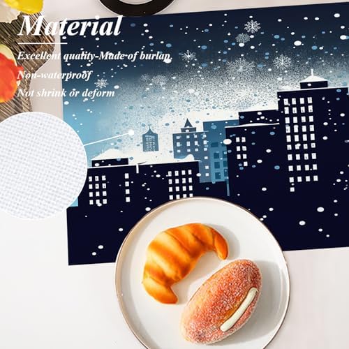 Shrahala Winter City Silhouette Placemats, Urban Falling Snowflakes Table Mat Linen Burlap Washable Double-Deck Heat Insulation for Dining Table Kitchen Table Set of 4 (12 x 18 inch)