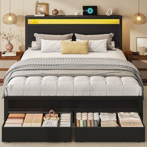 Queen Bed Frame with Storage, Wood Headboard with Fast Charging Station, LED Lights, Platform Bed Frame Queen Size, Fabric Drawers with Wheels, No Box Spring Needed, Noise Free, Black