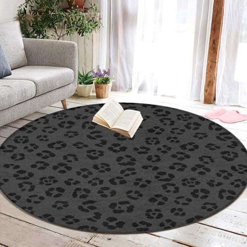 Large Round Area Rug Home Decor Modern Bathroom Rug Kitchen Office Circle Rug for Living Room Sofa Circle Cute Mat Dark Gray Black Leopard Cheetah Print