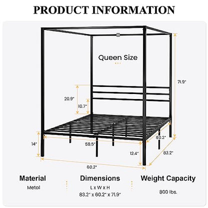Queen Size Canopy Bed Frame with Heavy Duty Metal Slats, Black