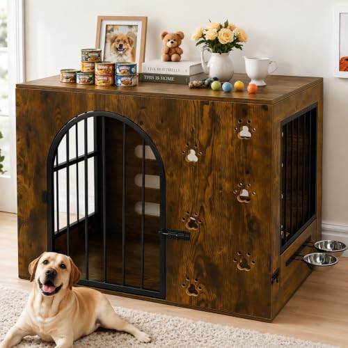 Dog Crate Furniture for Small Medium Dogs, Heavy Duty Wood Metal Indoor Dog Kennel with Bowls, Decorative Pet Cage Dog House as TV Stand, Brown